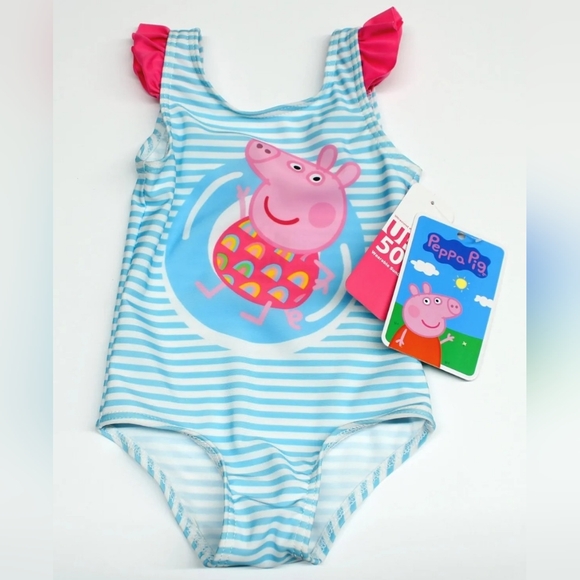 Girl's Toddlers 18M Peppa Pig One Piece Blue/White Striped Swimsuit with UPF 50+ - Picture 1 of 5